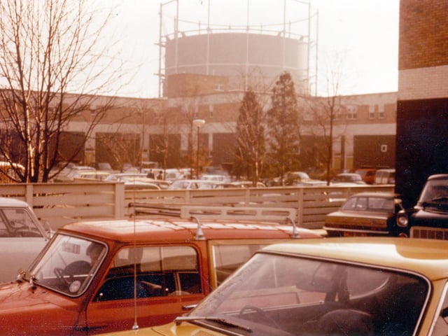 The car park of the Arndale Centre Shopping Centre built in the 1960s. A gas holder can be seen in the background.