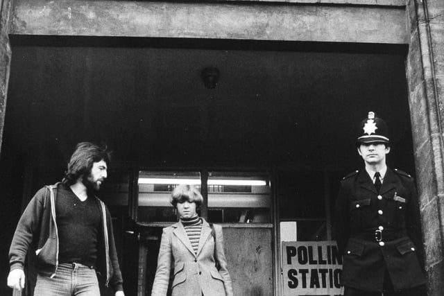 A policeman on duty outside Royal Park Middle School polling station at Burley in May 1978.