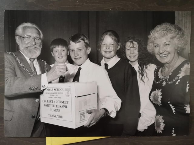 The Mayor of Scarborough Cllr Ted Agar launched the Pindar School tokens appeal in June 1996 and is pictured with, left to right, Pindar pupils Dean Johnstone, Ryan Ward, Jennifer Linton, Melanie Triffitt and, far right, Mayoress Mrs Janice Agar.