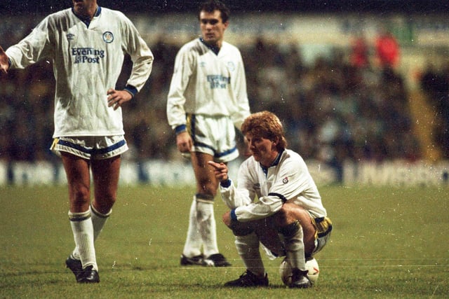 Leeds United 1 Manchester United 1. Division One, December 29, 1991. Gordon Strachan sits on the ball and plots a free kick.