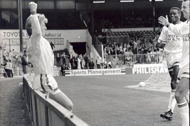 Sheffield United 0 Leeds United 2. Divison One, September 23, 1990.
Gordon Strachan celebrates his goal.