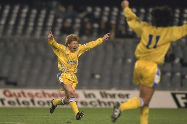 Gordon Strachan (left) and Gary Speed celebrate a goal during the European Cup first round replay match against Stuttgart in Barcelona, Spain. Leeds won 2-1.  (Pic: Allsport UK /Allsport)