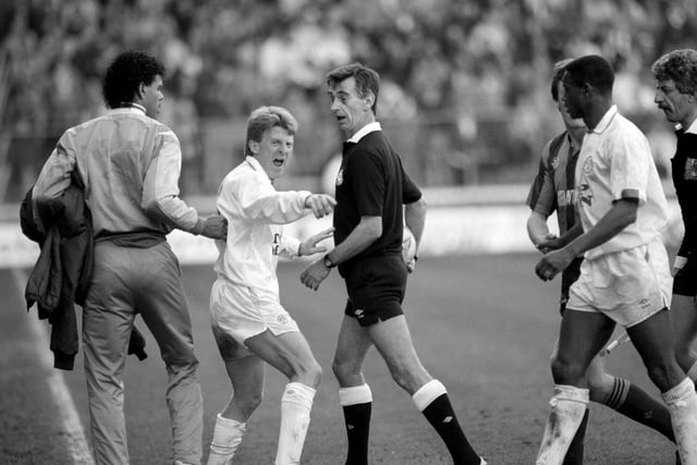 Leeds United v Bradford, April 8 1990, Gordon Strachan complains.