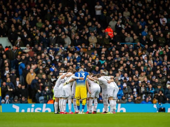 Leeds United's players huddle ahead of kick-off at Elland Road.