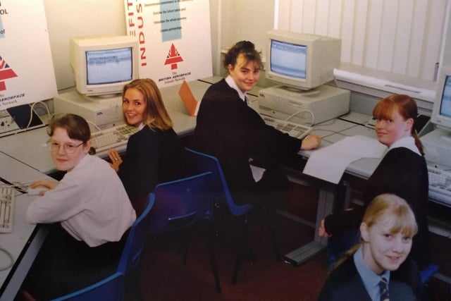 Pupils using Hodgson High School's resource centre. April 1995