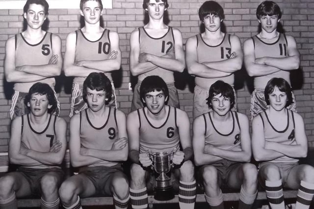 Hodgson High School under 16s basketball team who were the Blackpool and District League Champions.. Seated from left: R Colling, A Martin, P Munro, I Ogden, I Wilkinson. Standing: J Hoyle, R Wikeley, M Shuttleworth, M Jackson and J Ogden