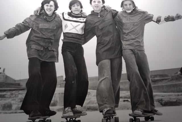 Andrew Tobin, Kevin Bates, Mark Rowlands and Brian Crossland, skateboarding in September 1977