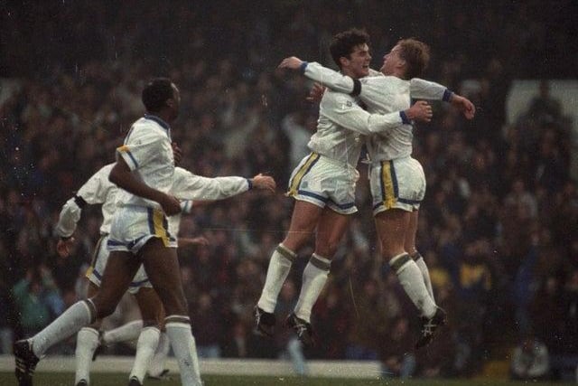 Gary Speed celebrates his goal with David Batty as Chris Whyte and Gary McAllister race to join in.