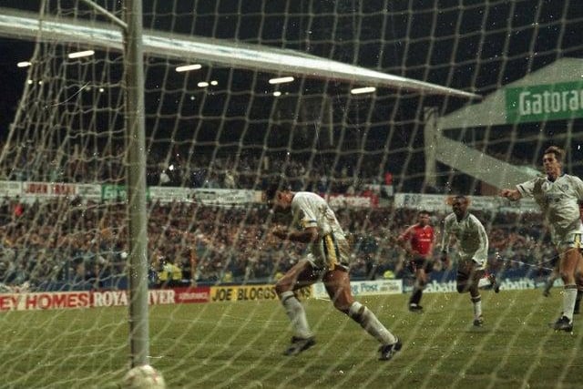 'Zico' celebrates after scoring from the penalty spot against the Red Devils at Elland Road.
