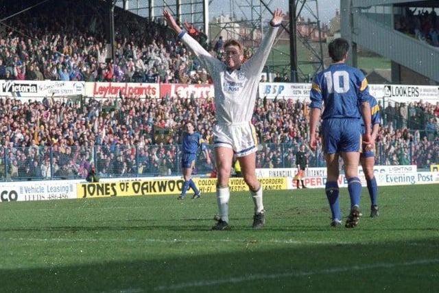 Lee Chapman celebrates scoring one of this three goals against the Dons at Elland Road.