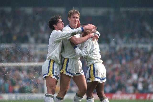 Lee Chapman celebrates scoring with Gary Speed and Rod Wallace.