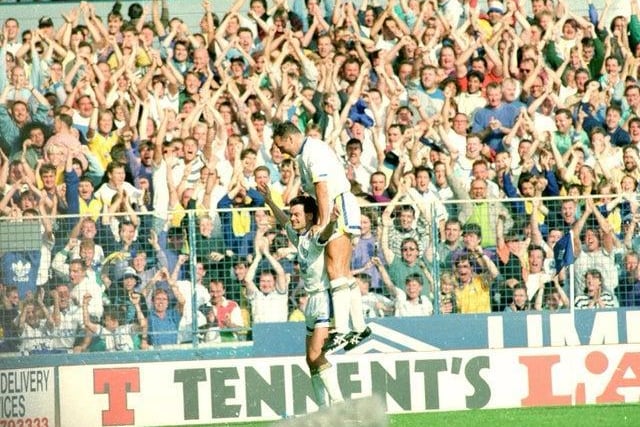 Steve Hodge celebrates with Mel Sterland after scoring what proved to be the winning goal in front of 32,917 fans at Elland Road.
