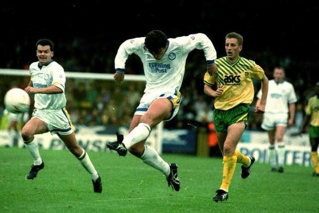 Gary Speed fires home for Leeds United against the Canaries at Carrow Road.