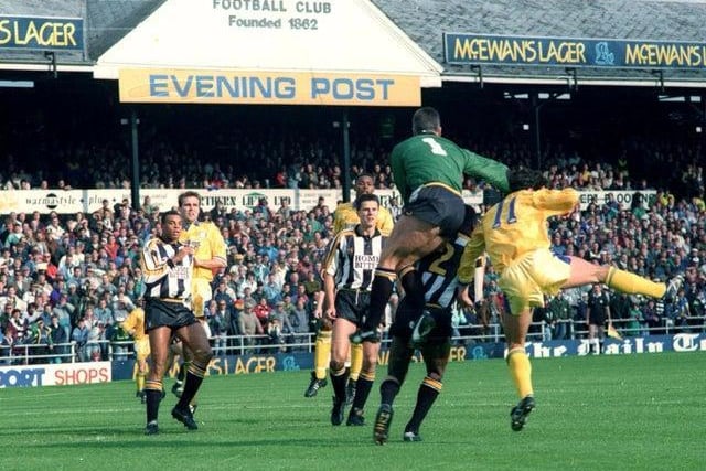 The Notts County goalkeeper punches clear from Gary Speed. Remember who scored for the Whites that day?
