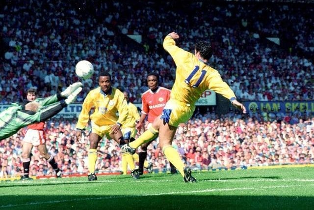 Gary Speed goes close at Old Trafford. Bryan Robson rescued a point for the Red Devils after Lee Chapman had given the Whites the lead early on.