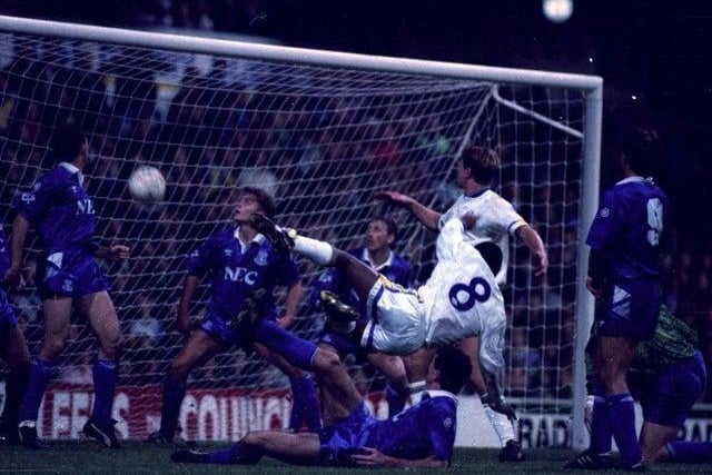 Rod Wallace scores the winner against The Toffees at Elland Road.