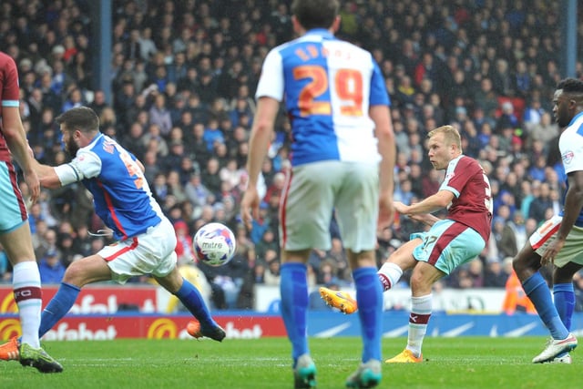 October 24th, 2015: Scott Arfield ran the length of the pitch alongside Michael Duff to celebrate his winner with the travelling fans at Ewood Park. The midfielder stroked the ball past Jason Steele from Ben Mee's lay-off in the 63rd minute.