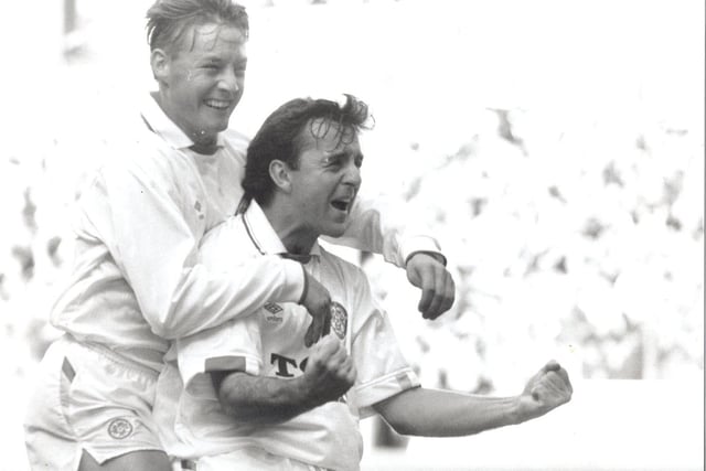 Happiness is... a goal from Bobby Davison. David Batty cannot hide his delight.
