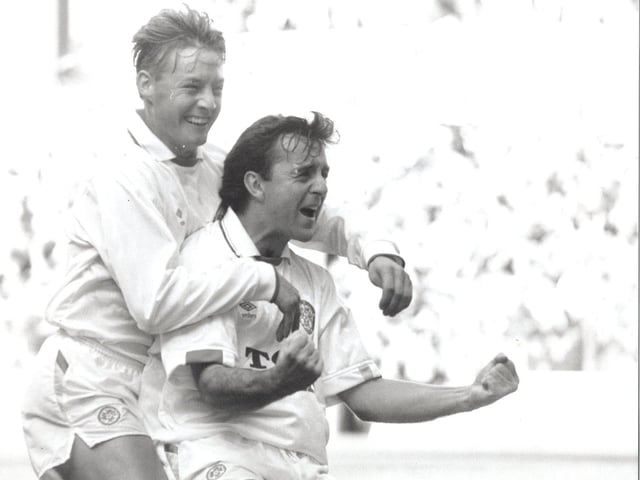 Happiness is... a goal from Bobby Davison. David Batty cannot hide his delight.