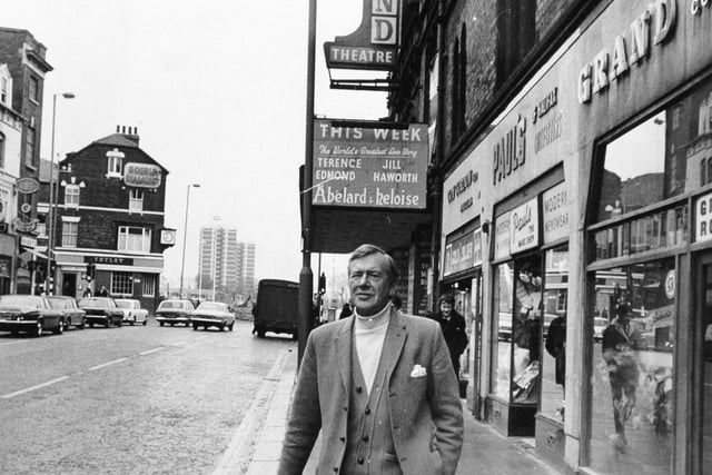 Actor Valentine Dyall strolls near Leeds Grand Theatre where he was appearing in April 1972. He was known for many years as 'The Man in Black', narrator of the BBC Radio horror series Appointment With Fear.