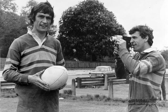 'Smile' orders Leeds skipper Alan Hardisty at Crystal Palace as he gets speedy John Atkinson, who has already scored 35 tries this season and looks like finishing as the League top try scorer, in the sights of his cine camera.