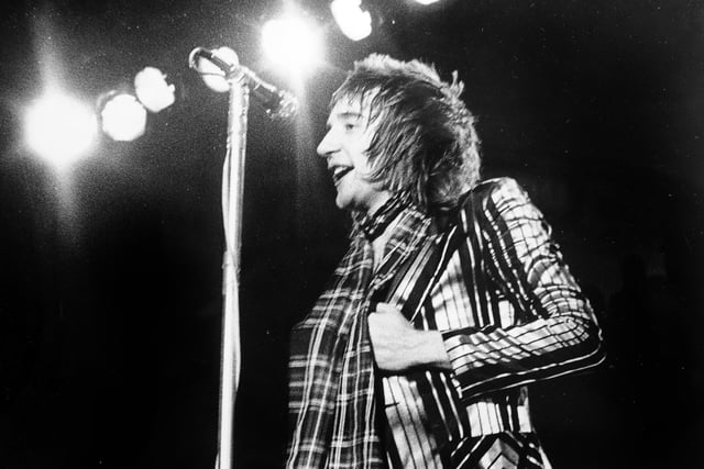 Rod Stewart on stage at Leeds Town Hall in 1972.