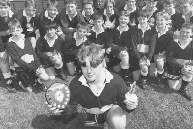 Graham School's under 14 rugby captain Craig Farrell, front, celebrated victory with the rest of the school squad in May 1996.