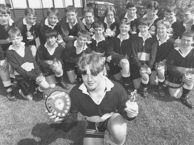 Graham School's under 14 rugby captain Craig Farrell, front, celebrated victory with the rest of the school squad in May 1996.