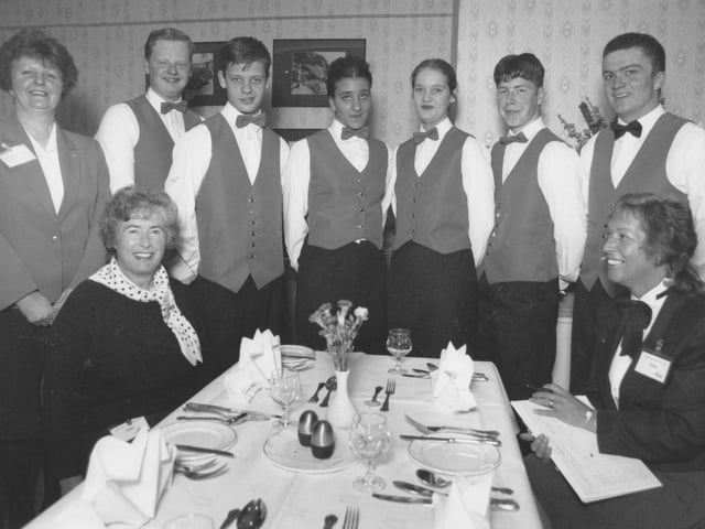 Yorkshire Coast College catering students prepared to be judged for the prestigious bi-annual Restaurant Skills competition run by the Cookery and Food Association in May 1995. From left, standing, Mary Oldfield (Fledglings restaurant manager), students, Leo Morris, Adrian Rummel, Nicola Newlove, Kerry McLaren, Nigel Pearson and Nick Carnes, with judges, seated, Hilary Glumark and Sue Brookes.
