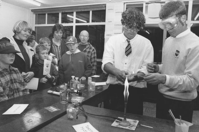 At a parents open evening at Filey School in November 1997, Year 9 pupils Roland Whiteley and James Jowsey, right, demonstrated some basic experiments in the science labs back in November 1997.