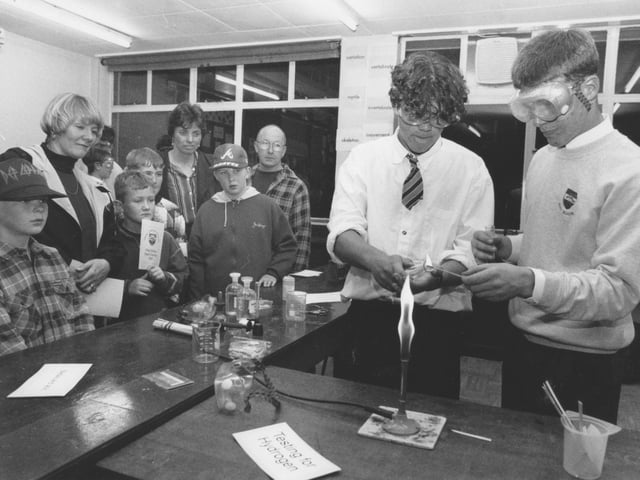 At a parents open evening at Filey School in November 1997, Year 9 pupils Roland Whiteley and James Jowsey, right, demonstrated some basic experiments in the science labs back in November 1997.