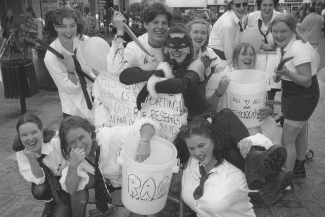 University College students started their Rag Week back in April 1997 with a fancy dress bed push around the town centre collecting for their chosen charities. Pictured in Aberdeen Walk are, from left, front, Sian Williams, Marie Southern, Krystina Flaherty; middle, Sally Johnson, Andy O'Dell, Sarah Douglas, Caroline Bedford, Hannah Reed, and Katie Wilkinson; back, Ian Hartley and Allison Roberts.