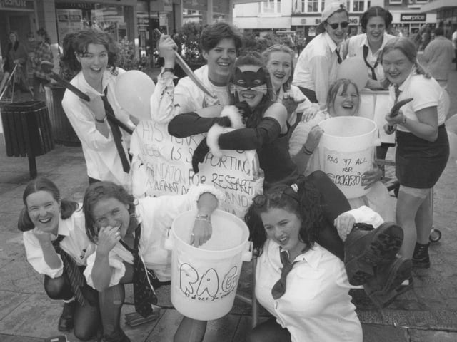 University College students started their Rag Week back in April 1997 with a fancy dress bed push around the town centre collecting for their chosen charities. Pictured in Aberdeen Walk are, from left, front, Sian Williams, Marie Southern, Krystina Flaherty; middle, Sally Johnson, Andy O'Dell, Sarah Douglas, Caroline Bedford, Hannah Reed, and Katie Wilkinson; back, Ian Hartley and Allison Roberts.