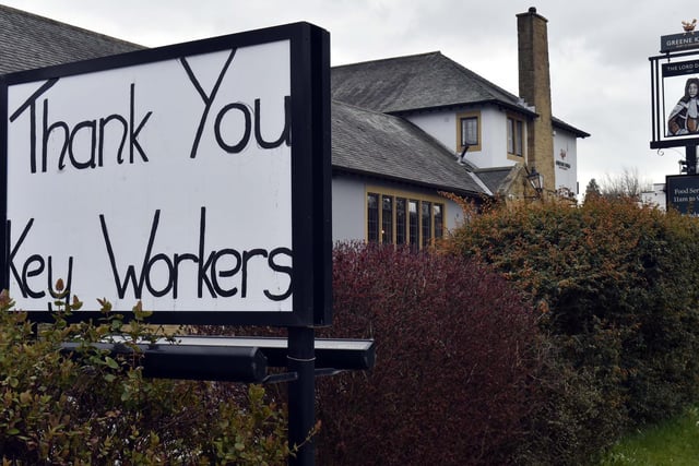 A sign thanking Key Workers outside The Lord Darcy pub in Harrogate Road.