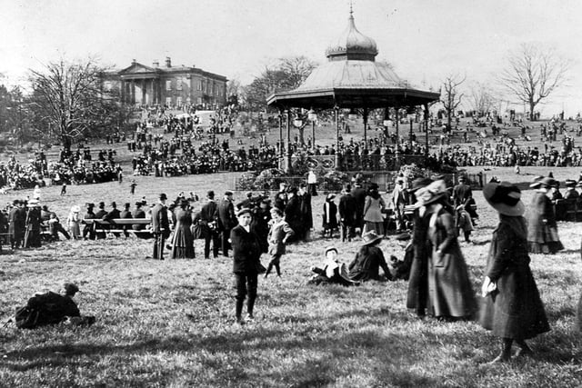 This bandstand, octagonal in shape, was located between Middle Walk and the Carriage Drive in Roundhay Park. It was raised to give a good view to crowds, as seen here, who flocked to listen to the regular Sunday concerts.