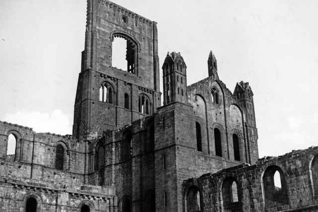 Kirkstall Abbey. An angle shot of the main tower from the south side of the cloisters.