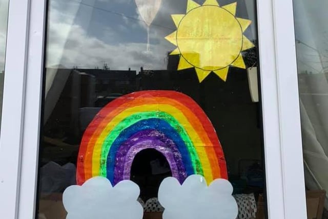 A rainbow made by Hannah Askew, 8, and Isla Tuffs 6 on display in Featherstone