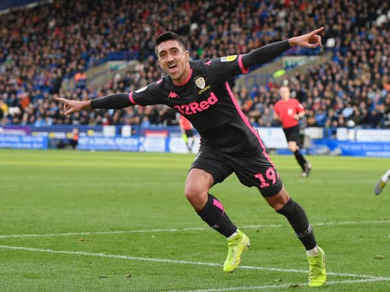 Leeds United star Pablo Hernandez celebrates his strike in December's win at Huddersfield Town. Photo by George Wood/Getty Images.