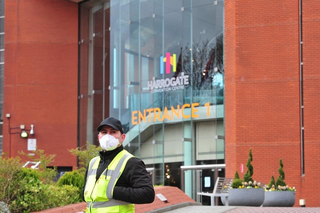Contractors working at the Harrogate Convention Centre being turned into a hospital for Coronavirus patients.
