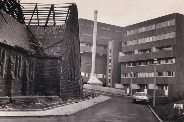 The new flats, pictured in March 1970, contrast with the ruins of a disused church in Joseph Street off Hunslet Road.