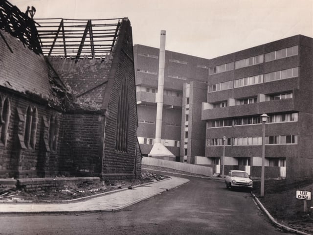 The new flats, pictured in March 1970, contrast with the ruins of a disused church in Joseph Street off Hunslet Road.