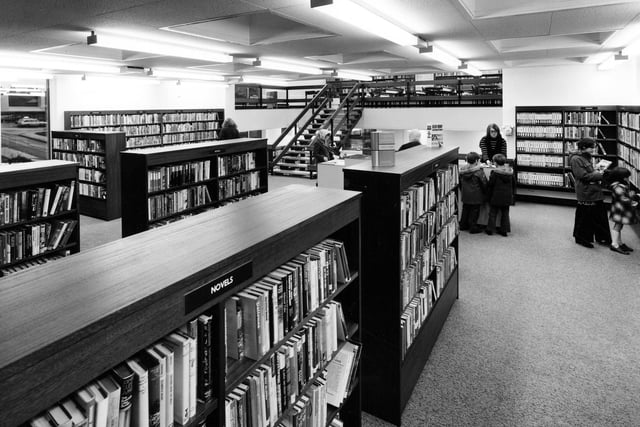 The newly built Kippax Branch Library which opened in November 1973 in Cross Hills. The purpose built library is on three levels with the main adult library seen here at ground floor level.