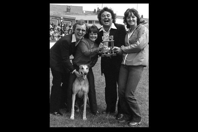 1979: A winning greyhound is presented with a trophy by Little and Large, and Jimmy Krankie