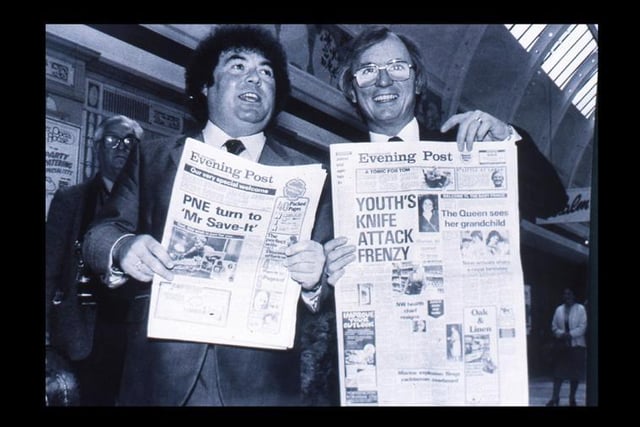 Little and Large promoting the Lancashire Evening Post in the Winter Gardens, Blackpool, when the newspaper went from broadsheet to tabloid size