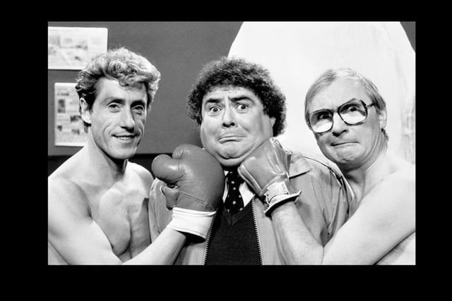 Eddie Large with Roger Daltrey and Syd Little during a filming of the Little and Large Show in 1986