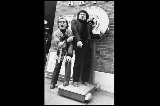 Eddie Large weighs in outside Fairfield Hall in Croydon, London, watched by his comedy partner Syd Little