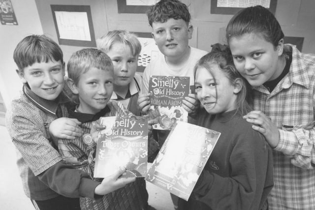 Children at Overdale School were getting their noses stuck into a good book to test the new range of scratch and sniff history titles in April 1997. The testers were, from left, Mischa Murray-King, Kris Tate, Steven Cappleman, Mark Jackson, Tracey Hawkes and Laura Cromack.