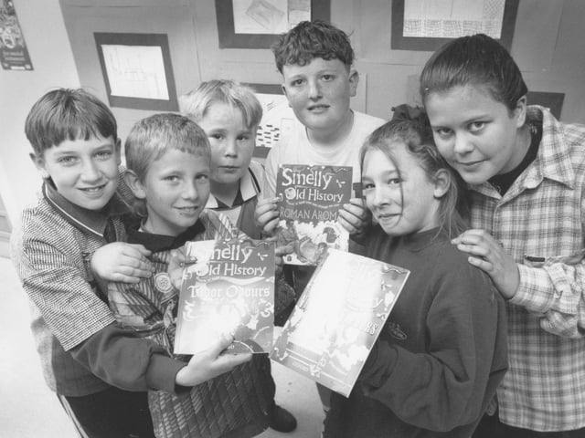Children at Overdale School were getting their noses stuck into a good book to test the new range of scratch and sniff history titles in April 1997. The testers were, from left, Mischa Murray-King, Kris Tate, Steven Cappleman, Mark Jackson, Tracey Hawkes and Laura Cromack.