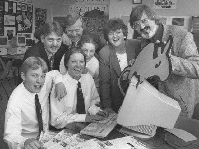 MousePower and IMRG had a sponsorship deal with Pindar School in 1997. Celebrating the deal are front, pupils, Michael Thompson, Kelly Dove and Jenna Holliday; back row, teacher Pete Lancaster, Peter Jones and Jo Tucker (of IMRG), and John Roland (of MousePower).