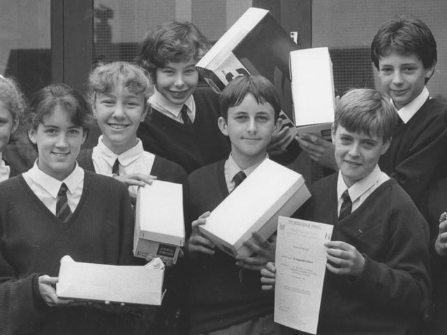 Pictured are eight of the St Augustine's School pupils who helped, along with their school friends, to collect and fill around 70 Stead and Simpson shoeboxes for the Medjurgorje Appeal back in October 1993. Can you name them?